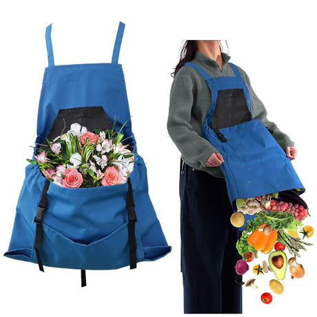 Garden Harvest Apron with Large Detachable Harvest Pouch, Adjustable Shoulder Strap Fruit Vegetable Picking Waist Apron, Multi Use Gardening Gathering Apron for Backyard Farmer-blue
