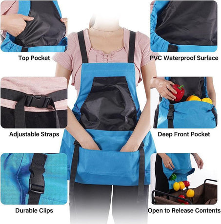 Garden Harvest Apron with Large Detachable Harvest Pouch, Adjustable Shoulder Strap Fruit Vegetable Picking Waist Apron, Multi Use Gardening Gathering Apron for Backyard Farmer-blue