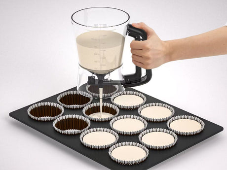 4 Cup Batter Dispenser Measuring Pitcher with Lid, Pancake Cupcake Waffle Batter Separator Jug, Clear Baking Mix Dispenser with Measurement Markings-black