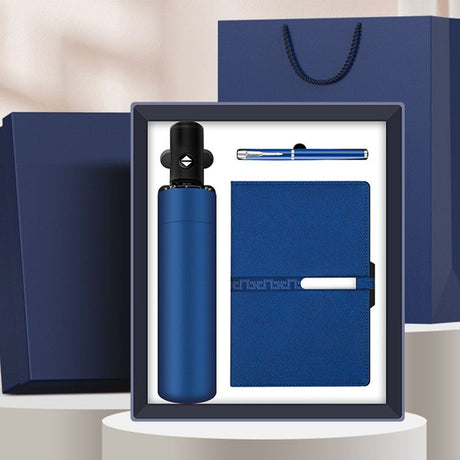 Business Gift Set Automatic Foldable Umbrella Notebook Pen, Premium Corporate Presentation Gift Hamper, Outdoor Office All In One Gift Box-blue