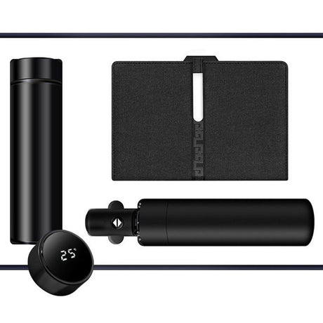 Luxury Corporate Gift Set Temperature Display Bottle Auto Umbrella Notebook, Premium Business Office Gift Hamper, All Weather Practical Employee Client Present-black