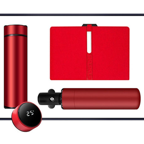 Luxury Corporate Gift Set Temperature Display Bottle Auto Umbrella Notebook, Premium Business Office Gift Hamper, All Weather Practical Employee Client Present-red