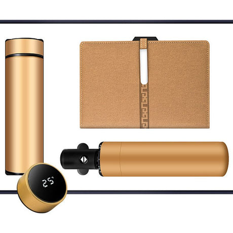 Luxury Corporate Gift Set Temperature Display Bottle Auto Umbrella Notebook, Premium Business Office Gift Hamper, All Weather Practical Employee Client Present-golden