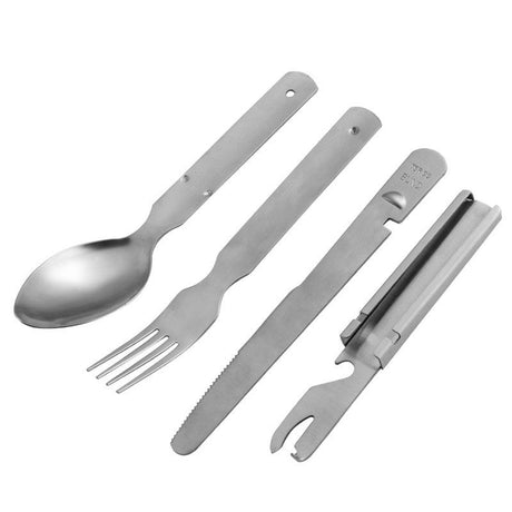 4 Piece Stainless Steel Camping Cutlery Set Spoon Fork Knife Bottle Opener, Portable Travel Outdoor Utensil Kit, Reusable Lightweight Hiking Picnic Tableware
