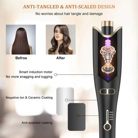 Smart Auto-Rotating Ceramic Curling Wand (EU Plug) | 360° Automatic Hair Roller for Natural Curls | Fast PTC Heating & 4 Temp Levels | Ergonomic Torch Design | Safe Salon-Style Curls at Home