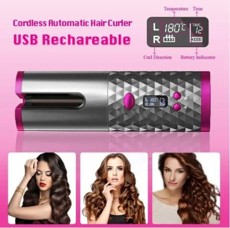 Pink Portable Wireless Auto Hair Curler | Smart Anti-Tangle Curling Wand with 5000mAh Power Bank Function | USB-C Rechargeable Ceramic Hair Roller | Perfect for Quick Salon Curls on the Go