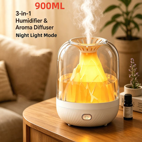 【900ML 3-in-1 Humidifier】 & Essential Oil Diffuser with Night Light, USB Powered Quiet Cool Mist Humidifier for Bedroom Office Home, Volcano Flame Effect Aromatherapy Humidifier, 36dB Low Noise, Large Capacity