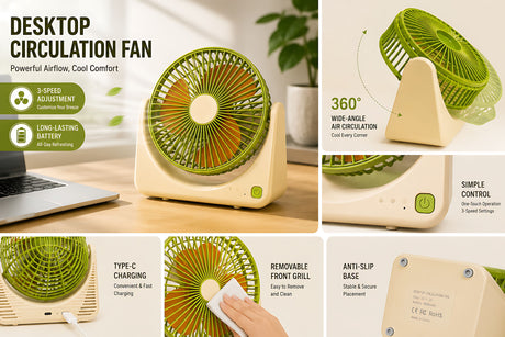 【Portable USB Mini Desk Fan, 3 Speed Adjustable, Ultra Quiet 36dB(A), 500mAh Rechargeable Battery, 1-3H Long Endurance, Lightweight 0.34kg Personal Cooling Fan for Home Office Travel Camping】