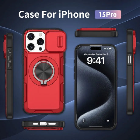 Red Warrior 2-in-1 Magnetic Sliding Lens Case Red for iPhone 15 Pro