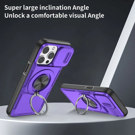 Red Warrior 2-in-1 Magnetic Sliding Lens Case Purple for iPhone 14 Pro Max