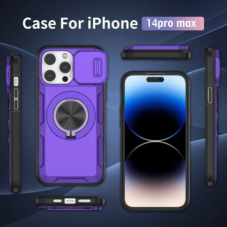 Red Warrior 2-in-1 Magnetic Sliding Lens Case Purple for iPhone 14 Pro Max