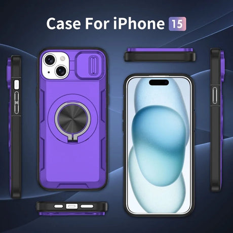 Red Warrior 2-in-1 Magnetic Sliding Lens Case Purple for iPhone 15