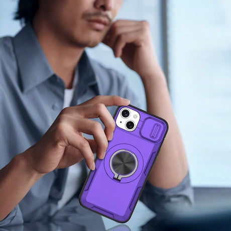 Red Warrior 2-in-1 Magnetic Sliding Lens Case Purple for iPhone 15 Plus