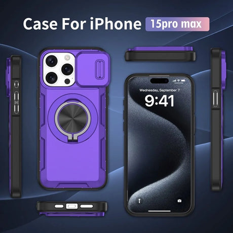 Red Warrior 2-in-1 Magnetic Sliding Lens Case Purple for iPhone 15Pro Max