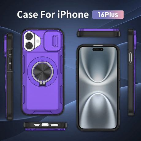 Red Warrior 2-in-1 Magnetic Sliding Lens Case Purple for iPhone 16 Plus