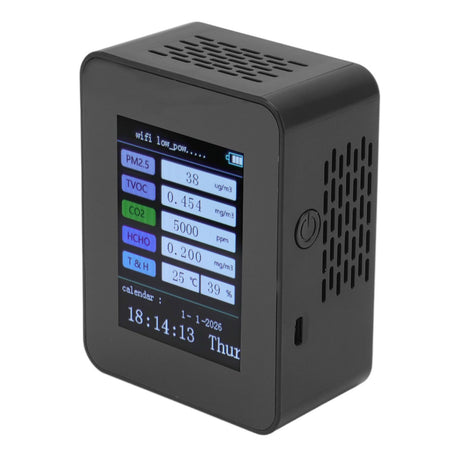 Indoor Air Quality Monitor for TUYA WiFi Smart PM2.5 Formaldehyde Testing 7 in 1 Calendar Time Function Air Quality Detector Black WIFI Version VOC