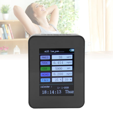Indoor Air Quality Monitor for TUYA WiFi Smart PM2.5 Formaldehyde Testing 7 in 1 Calendar Time Function Air Quality Detector Black WIFI Version VOC