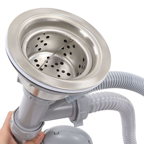 Kitchen Sink Drainer Pipe Stainless Steel S Bent with Double Drains Sewer Pipe Set for Bathroom Home