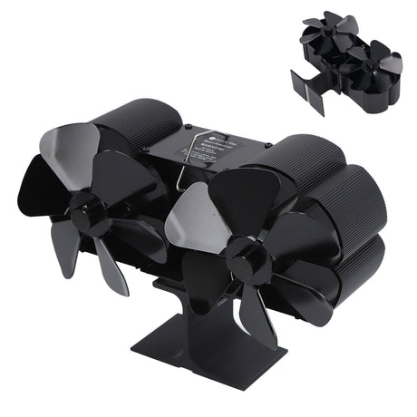 6 Blades Heat Powered Stove Fan Dual Head Fireplace Fan Home Non Electric Fan Black