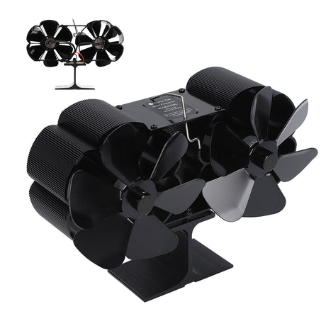 6 Blades Heat Powered Stove Fan Dual Head Fireplace Fan Home Non Electric Fan Black