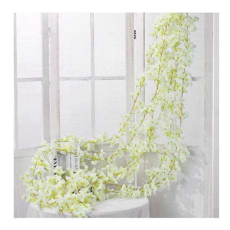 Artificial Flower Rattan Single 1.8m 135pcs Flowers Head Vivid Decorative Silk Plastic Hanging Fake Rattan for Decoration White