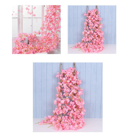 1.8m 256 Simulated Artificial Sakura Flower Garland Hanging Vines for Spring Home Room Wedding Party Decor Dark Pink
