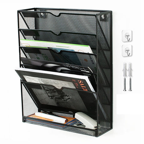 5 Tier Wall File Organizer Vertical Placement Glossy Edges Wall Mount File Holder with Hanging Hole for Office Black