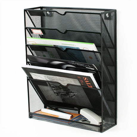 5 Tier Wall File Organizer Vertical Placement Glossy Edges Wall Mount File Holder with Hanging Hole for Office Black