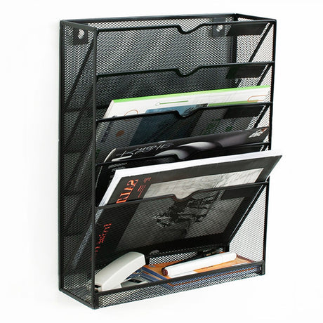 5 Tier Wall File Organizer Vertical Placement Glossy Edges Wall Mount File Holder with Hanging Hole for Office Black