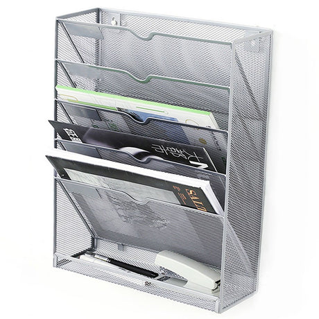 5 Tier Wall File Organizer Vertical Placement Glossy Edges Wall Mount File Holder with Hanging Hole for Office Silver