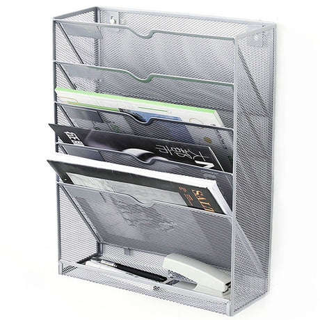 5 Tier Wall File Organizer Vertical Placement Glossy Edges Wall Mount File Holder with Hanging Hole for Office Silver