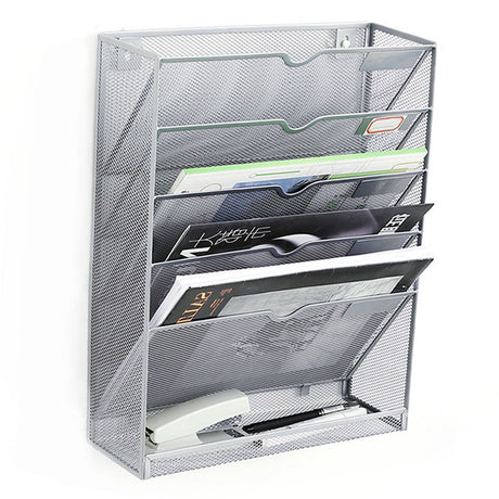 5 Tier Wall File Organizer Vertical Placement Glossy Edges Wall Mount File Holder with Hanging Hole for Office Silver