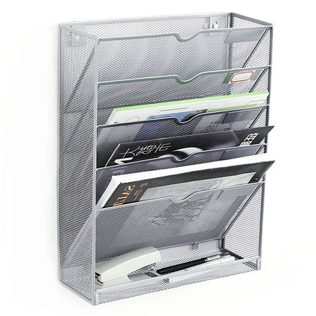 5 Tier Wall File Organizer Vertical Placement Glossy Edges Wall Mount File Holder with Hanging Hole for Office Silver