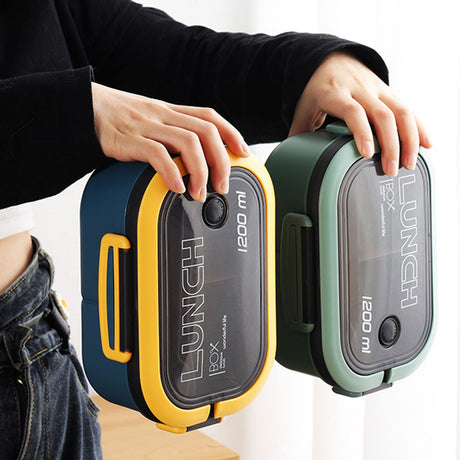 1200ml Bento Lunch Box Double Layer Insulation Lunch Box Container with Fork Spoon for Students Office Workers Green