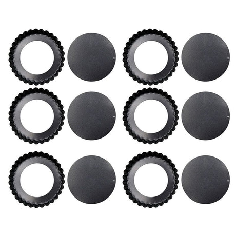 6PCS Removable Bottom Tart Pan Non Stick Coating Carbon Steel Black Quiche Pan for Kitchen