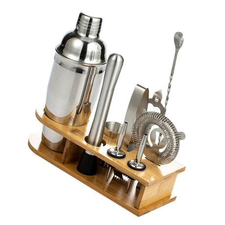 10PCS Home Bartending Kit Stainless Steel with Bamboo Tray Cocktail Mixing Tool Set for DIY Novice 550ML