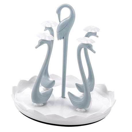 Swan Cup Holder with Rotating Drip Tray Plastic Rotatable Drinking Cup Drainer Stand Rack for Home Kitchen Blue 4 Heads