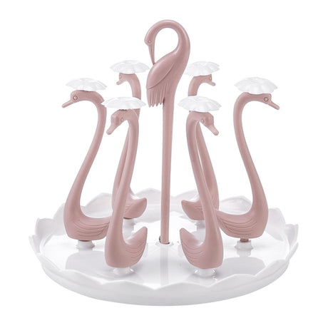 Swan Cup Holder with Rotating Drip Tray Plastic Rotatable Drinking Cup Drainer Stand Rack for Home Kitchen Pink 6 Heads