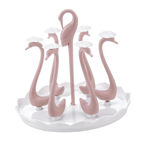 Swan Cup Holder with Rotating Drip Tray Plastic Rotatable Drinking Cup Drainer Stand Rack for Home Kitchen Pink 6 Heads