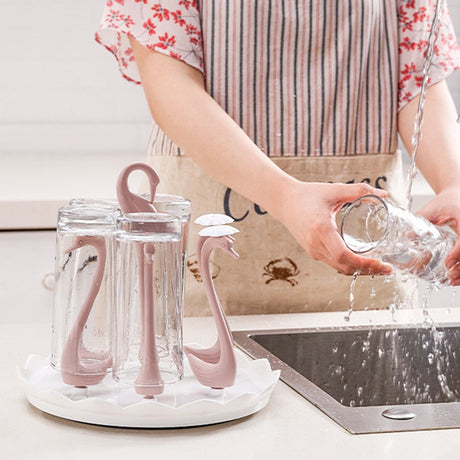 Swan Cup Holder with Rotating Drip Tray Plastic Rotatable Drinking Cup Drainer Stand Rack for Home Kitchen Pink 6 Heads
