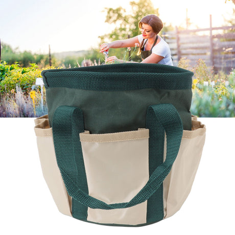 Round Garden Tools Bag 6 Pockets Oxford Cloth Gardening Tool Storage Tote for Men Women Gardener Green with Cream Color