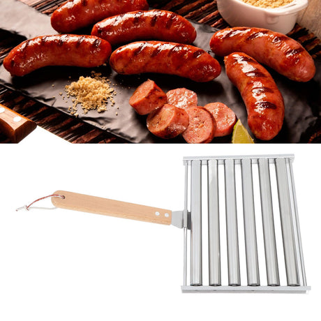 Detachable Stainless Steel Hot Dog Sausage Roller Rack Steamer With Extra Long Wood Handle 4 Skewers 6 Stick Design BBQ Tools S
