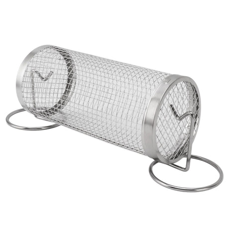 BBQ Net Tube Rolling Grilling Basket Stainless Steel Wire Mesh Cylinder Grill Basket with Fork Hook for Outdoor Barbecue Camping S
