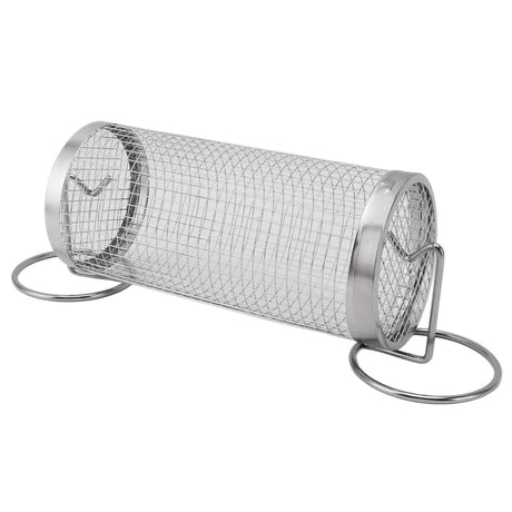 BBQ Net Tube Rolling Grilling Basket Stainless Steel Wire Mesh Cylinder Grill Basket with Fork Hook for Outdoor Barbecue Camping S
