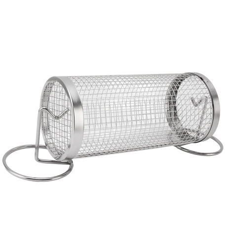 BBQ Net Tube Rolling Grilling Basket Stainless Steel Wire Mesh Cylinder Grill Basket with Fork Hook for Outdoor Barbecue Camping S