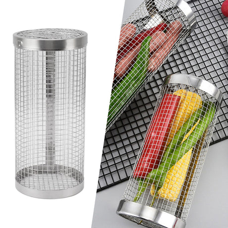 BBQ Net Tube Rolling Grilling Basket Stainless Steel Wire Mesh Cylinder Grill Basket with Fork Hook for Outdoor Barbecue Camping S