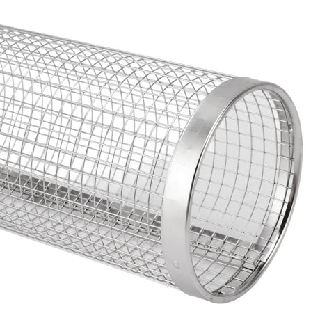 BBQ Net Tube Rolling Grilling Basket Stainless Steel Wire Mesh Cylinder Grill Basket with Fork Hook for Outdoor Barbecue Camping S