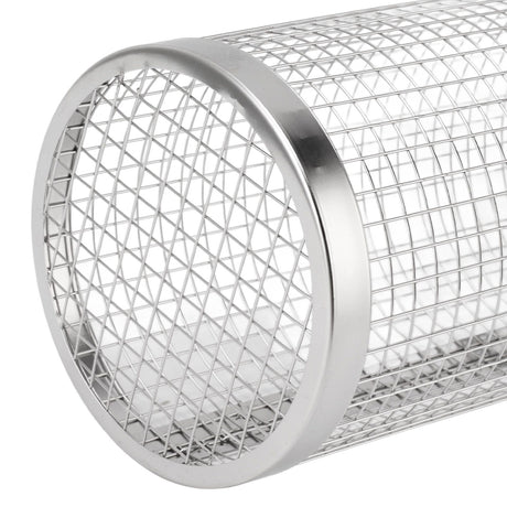BBQ Net Tube Rolling Grilling Basket Stainless Steel Wire Mesh Cylinder Grill Basket with Fork Hook for Outdoor Barbecue Camping S