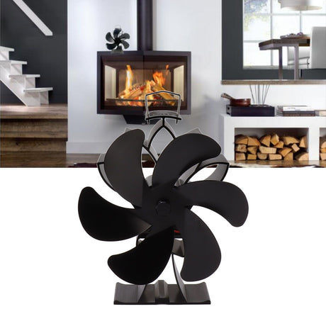 Heat Powered Stove Fan 6 Blade Aluminum Alloy Low Noise Wood Stove Fireplace Fan for Home Log Burning Stove Black