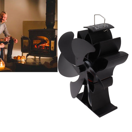Heat Powered Stove Fan 6 Blade Aluminum Alloy Low Noise Wood Stove Fireplace Fan for Home Log Burning Stove Black